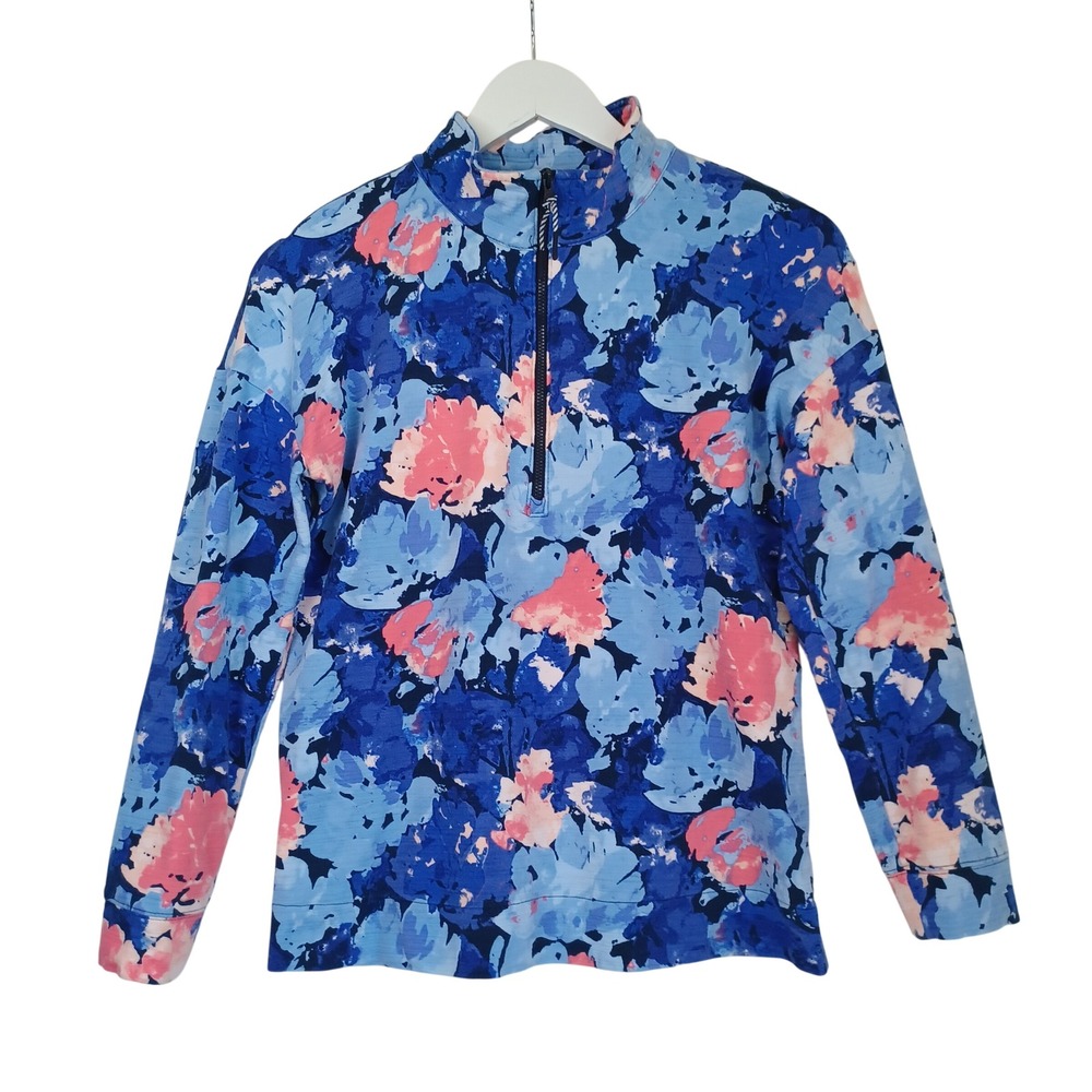 T by Talbots Womens Blue Pink Floral Quarter Zip Pullover UPF 50 Top Size S